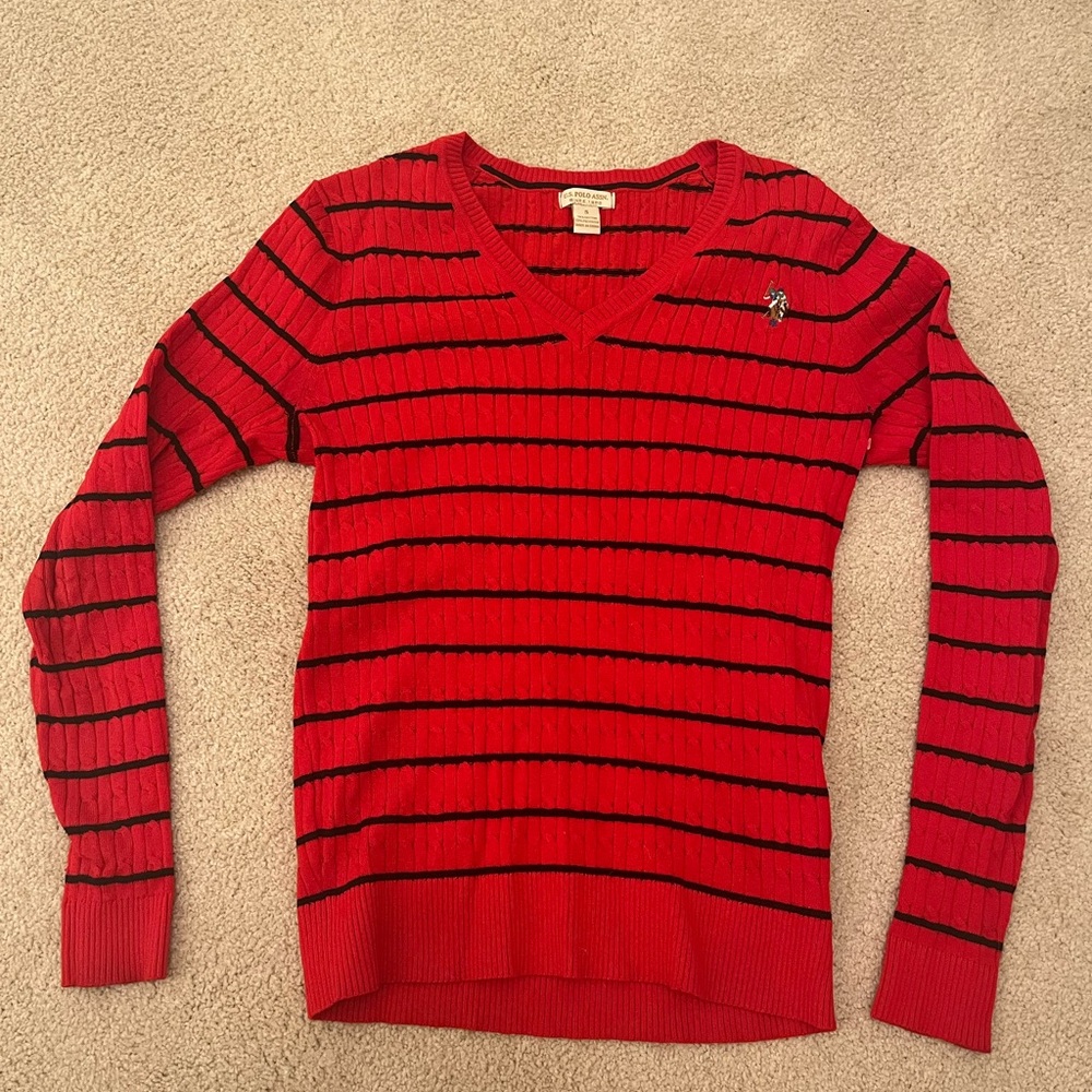 Red and Black Striped V-Neck Sweater